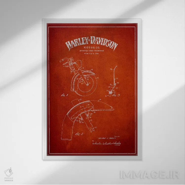 تابلو نقشهٔ درخواست ثبت پتنت گلگیر موتورسیکلت هارلی-دیویدسون (قرمز) اثر پیکسل کهنه (استودیو/نام هنری) - نمای قابدار سفید