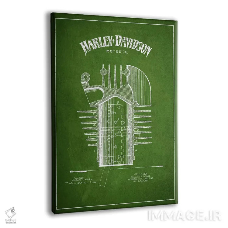 تابلو نقشه ثبت اختراع هارلی-دیویدسون (سبز) اثر پیکسل کهنه (استودیو/نام هنری) - نمای پرسپکتیو محصول