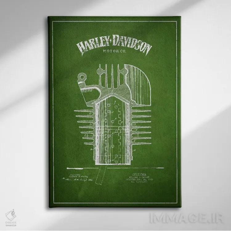 تابلو نقشه ثبت اختراع هارلی-دیویدسون (سبز) اثر پیکسل کهنه (استودیو/نام هنری) - نمای روبهرو روی دیوار