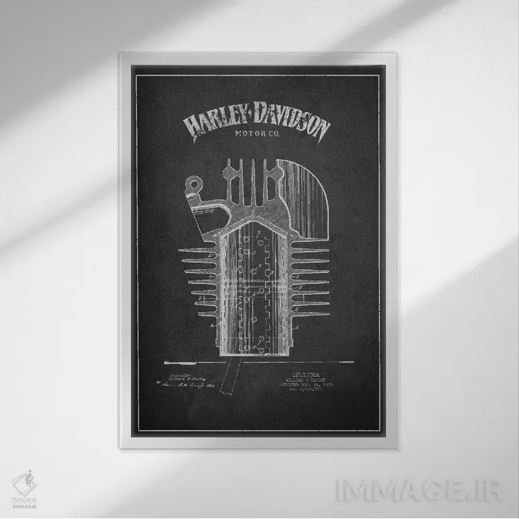 تابلو نقشه ثبت اختراع هارلی-دیویدسون (ذغالی) اثر پیکسل کهنه (استودیو/نام هنری) - نمای قابدار سفید