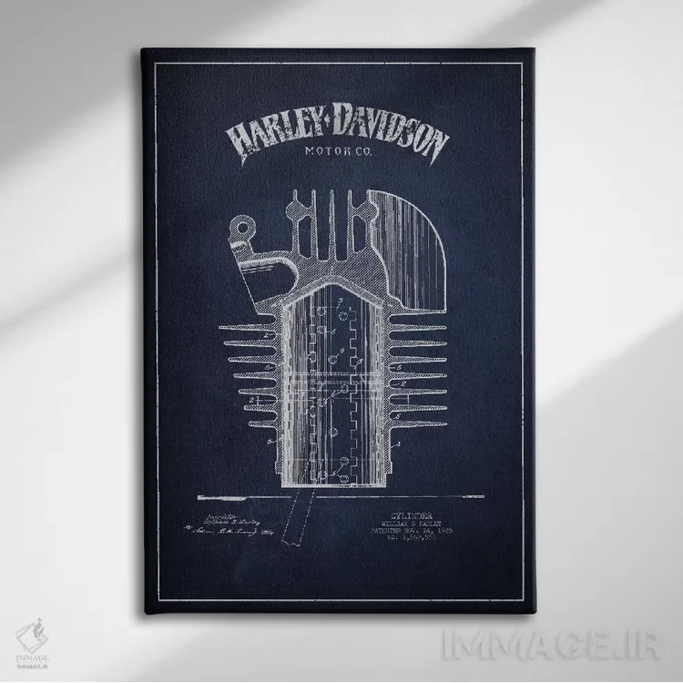 تابلو نقشه ثبت اختراع هارلی-دیویدسون (آبی نفتی) اثر پیکسل کهنه (استودیو/نام هنری) - نمای روبهرو روی دیوار