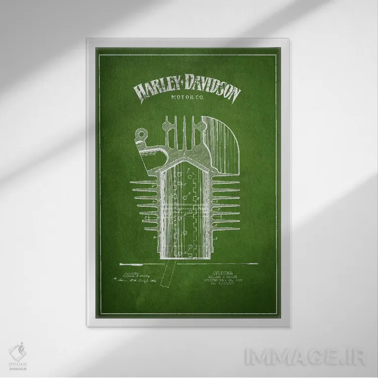 تابلو نقشه ثبت اختراع هارلی-دیویدسون (سبز) اثر پیکسل کهنه (استودیو/نام هنری) - نمای قابدار سفید