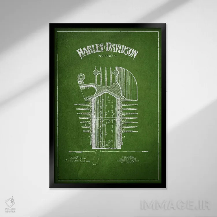 تابلو نقشه ثبت اختراع هارلی-دیویدسون (سبز) اثر پیکسل کهنه (استودیو/نام هنری) - نمای قابدار مشکی