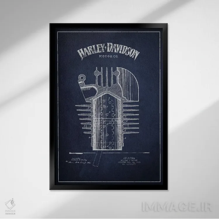 تابلو نقشه ثبت اختراع هارلی-دیویدسون (آبی نفتی) اثر پیکسل کهنه (استودیو/نام هنری) - نمای قابدار مشکی