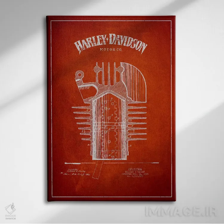 تابلو نقشه ثبت اختراع هارلی-دیویدسون (قرمز) اثر پیکسل کهنه (استودیو/نام هنری) - نمای روبهرو روی دیوار