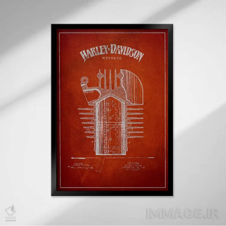 تابلو نقشه ثبت اختراع هارلی-دیویدسون (قرمز) اثر پیکسل کهنه (استودیو/نام هنری) - نمای قابدار مشکی