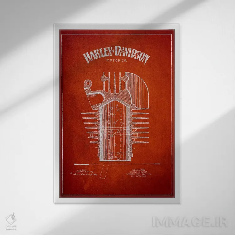 تابلو نقشه ثبت اختراع هارلی-دیویدسون (قرمز) اثر پیکسل کهنه (استودیو/نام هنری) - نمای قابدار سفید