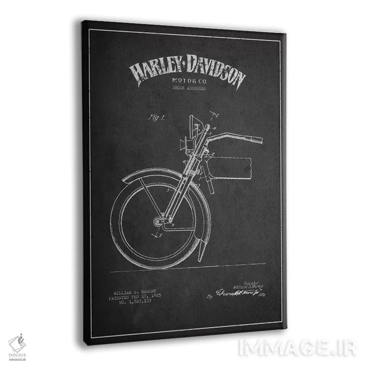 تابلو نقشهٔ درخواست ثبت پتنت کمک فنر موتورسیکلت هارلی-دیویدسون (ذغالی) اثر پیکسل کهنه (استودیو/نام هنری) - نمای پرسپکتیو محصول