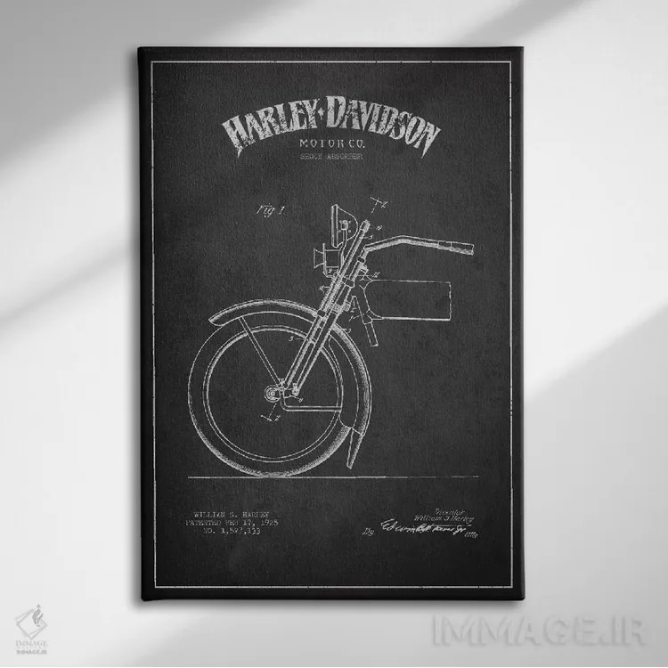تابلو نقشهٔ درخواست ثبت پتنت کمک فنر موتورسیکلت هارلی-دیویدسون (ذغالی) اثر پیکسل کهنه (استودیو/نام هنری) - نمای روبهرو روی دیوار