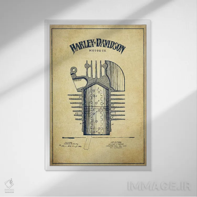 تابلو نقشه ثبت اختراع هارلی-دیویدسون (کلاسیک) اثر پیکسل کهنه (استودیو/نام هنری) - نمای قابدار سفید