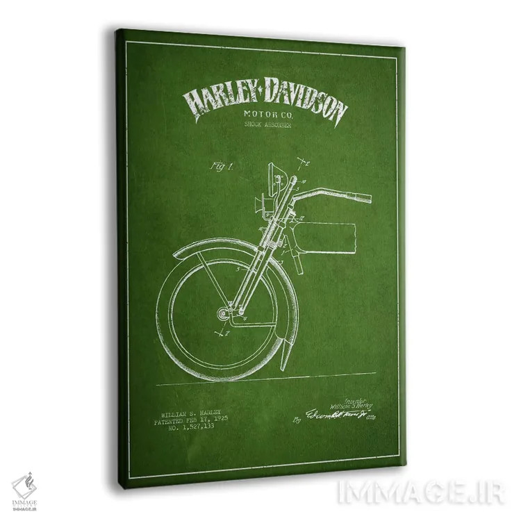 تابلو نقشهٔ درخواست ثبت پتنت کمک فنر موتورسیکلت هارلی-دیویدسون (سبز) اثر پیکسل کهنه (استودیو/نام هنری) - نمای پرسپکتیو محصول