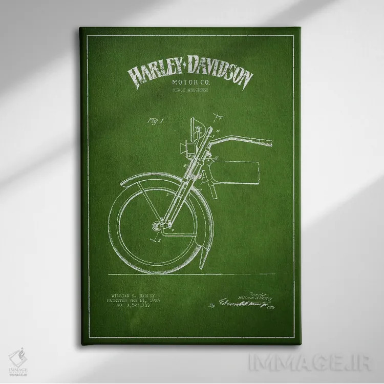 تابلو نقشهٔ درخواست ثبت پتنت کمک فنر موتورسیکلت هارلی-دیویدسون (سبز) اثر پیکسل کهنه (استودیو/نام هنری) - نمای روبهرو روی دیوار
