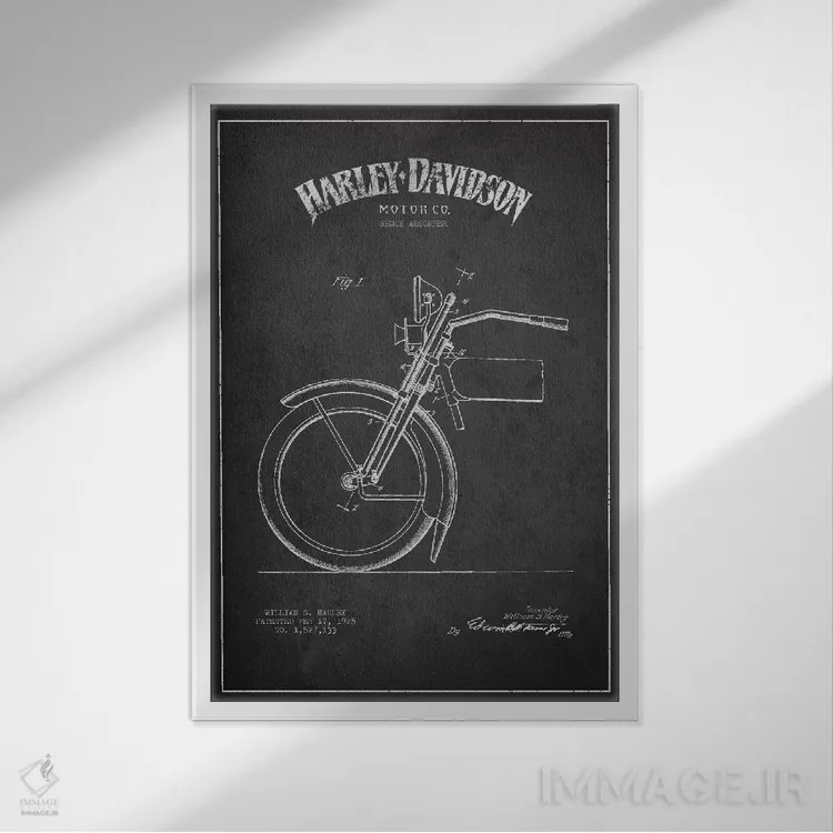 تابلو نقشهٔ درخواست ثبت پتنت کمک فنر موتورسیکلت هارلی-دیویدسون (ذغالی) اثر پیکسل کهنه (استودیو/نام هنری) - نمای قابدار سفید