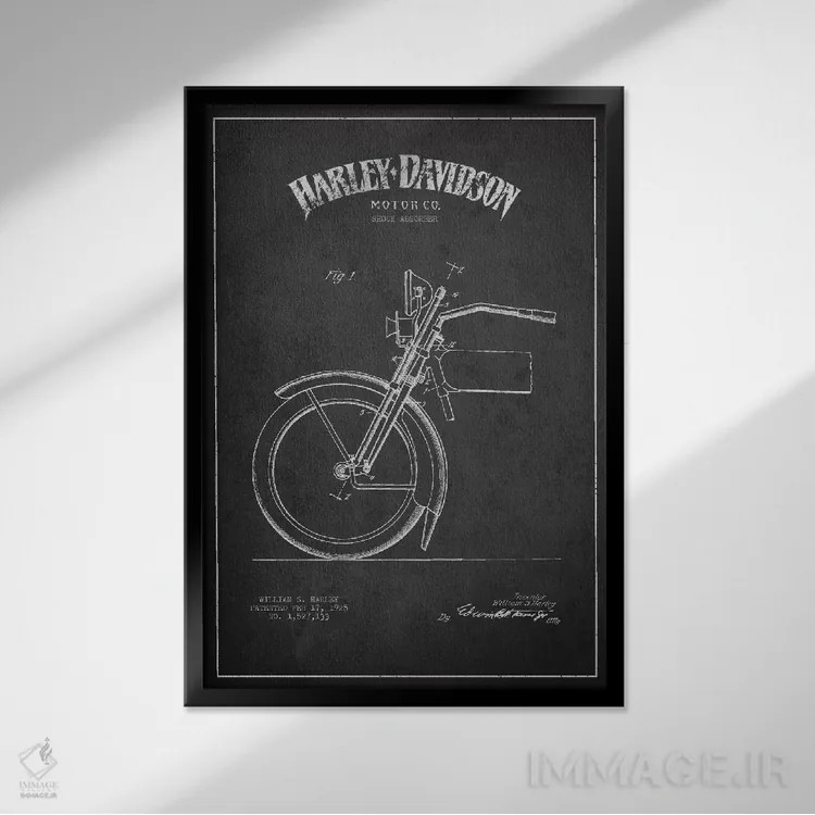 تابلو نقشهٔ درخواست ثبت پتنت کمک فنر موتورسیکلت هارلی-دیویدسون (ذغالی) اثر پیکسل کهنه (استودیو/نام هنری) - نمای قابدار مشکی