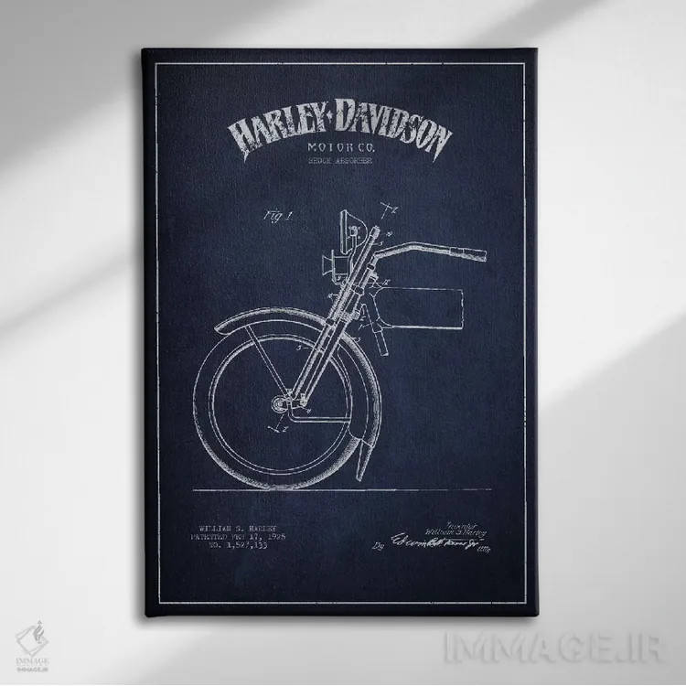 تابلو نقشهٔ درخواست ثبت پتنت کمک فنر موتورسیکلت هارلی-دیویدسون (آبی نفتی) اثر پیکسل کهنه (استودیو/نام هنری) - نمای روبهرو روی دیوار