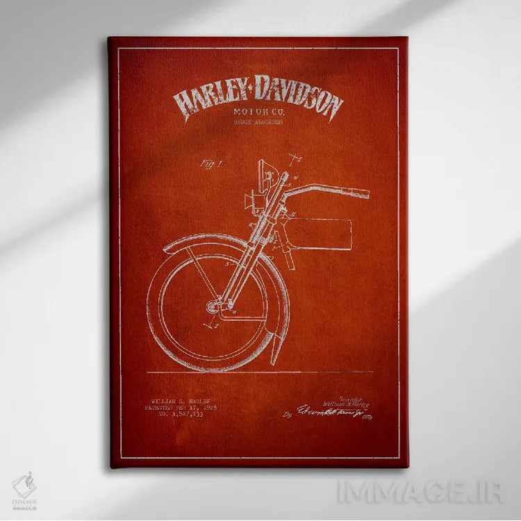 تابلو نقشهٔ درخواست ثبت پتنت کمک فنر موتورسیکلت هارلی-دیویدسون (قرمز) اثر پیکسل کهنه (استودیو/نام هنری) - نمای روبهرو روی دیوار