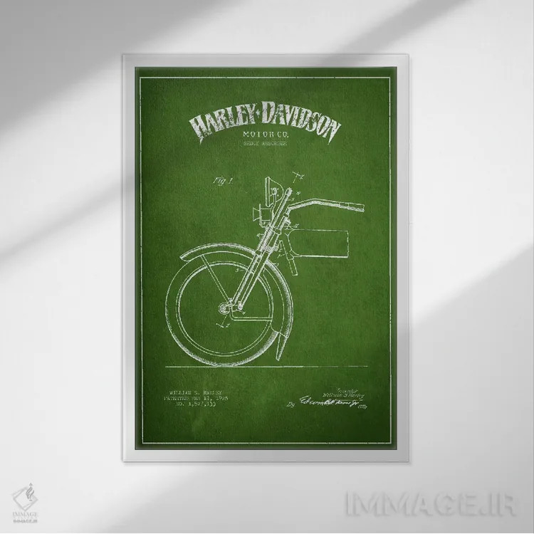 تابلو نقشهٔ درخواست ثبت پتنت کمک فنر موتورسیکلت هارلی-دیویدسون (سبز) اثر پیکسل کهنه (استودیو/نام هنری) - نمای قابدار سفید