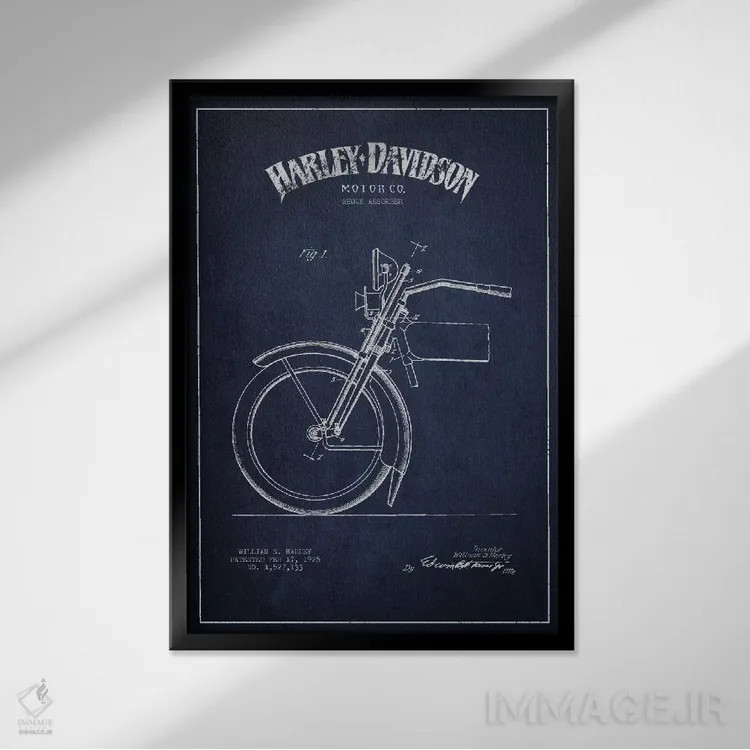 تابلو نقشهٔ درخواست ثبت پتنت کمک فنر موتورسیکلت هارلی-دیویدسون (آبی نفتی) اثر پیکسل کهنه (استودیو/نام هنری) - نمای قابدار مشکی