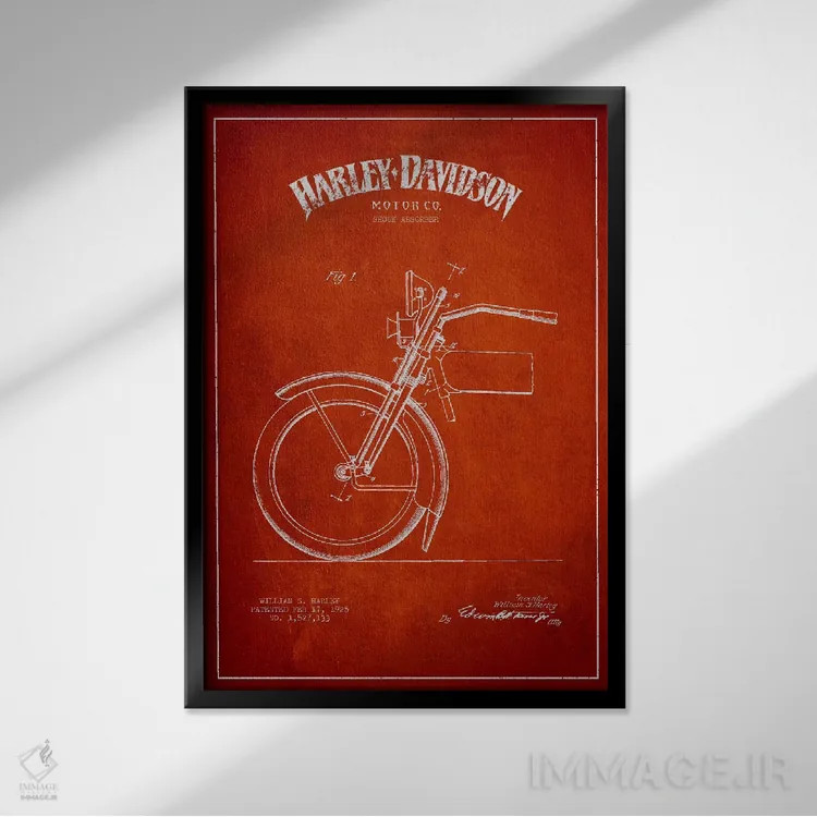 تابلو نقشهٔ درخواست ثبت پتنت کمک فنر موتورسیکلت هارلی-دیویدسون (قرمز) اثر پیکسل کهنه (استودیو/نام هنری) - نمای قابدار مشکی