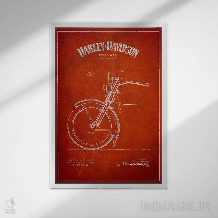 تابلو نقشهٔ درخواست ثبت پتنت کمک فنر موتورسیکلت هارلی-دیویدسون (قرمز) اثر پیکسل کهنه (استودیو/نام هنری) - نمای قابدار سفید