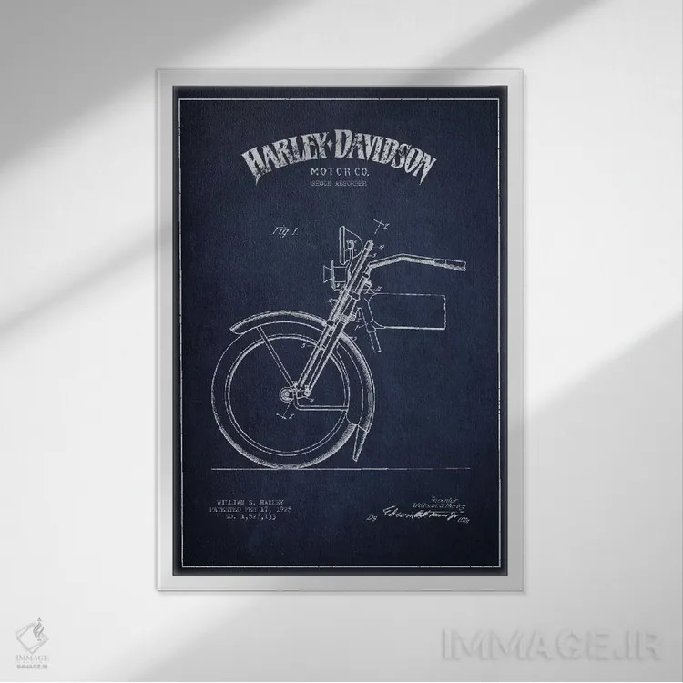 تابلو نقشهٔ درخواست ثبت پتنت کمک فنر موتورسیکلت هارلی-دیویدسون (آبی نفتی) اثر پیکسل کهنه (استودیو/نام هنری) - نمای قابدار سفید
