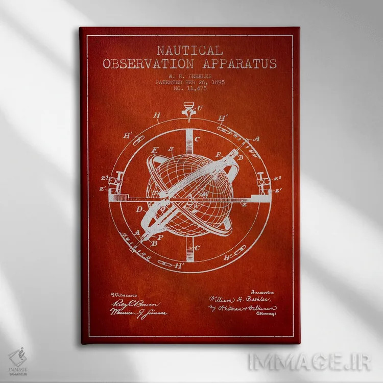 تابلو نقشهٔ ثبت اختراع ابزار مشاهده دریایی (قرمز) اثر پیکسل کهنه (استودیو/نام هنری) - نمای روبهرو روی دیوار