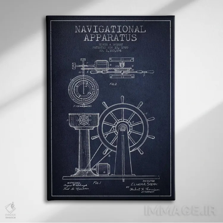 تابلو نقشهٔ ثبت اختراع دستگاه ناوبری (سرمهای) اثر پیکسل کهنه (استودیو/نام هنری) - نمای روبهرو روی دیوار