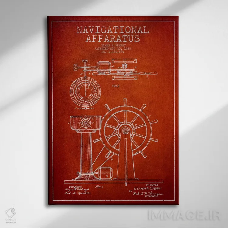 تابلو نقشهٔ ثبت اختراع دستگاه ناوبری (قرمز) اثر پیکسل کهنه (استودیو/نام هنری) - نمای روبهرو روی دیوار