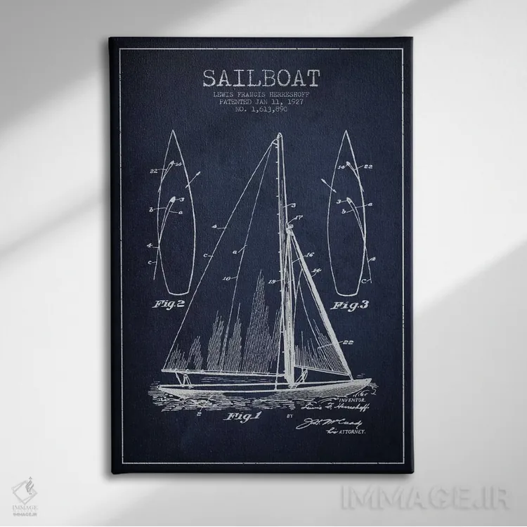 تابلو نقشهٔ ثبت اختراع قایق بادبانی (سرمهای) اثر پیکسل کهنه (استودیو/نام هنری) - نمای روبهرو روی دیوار