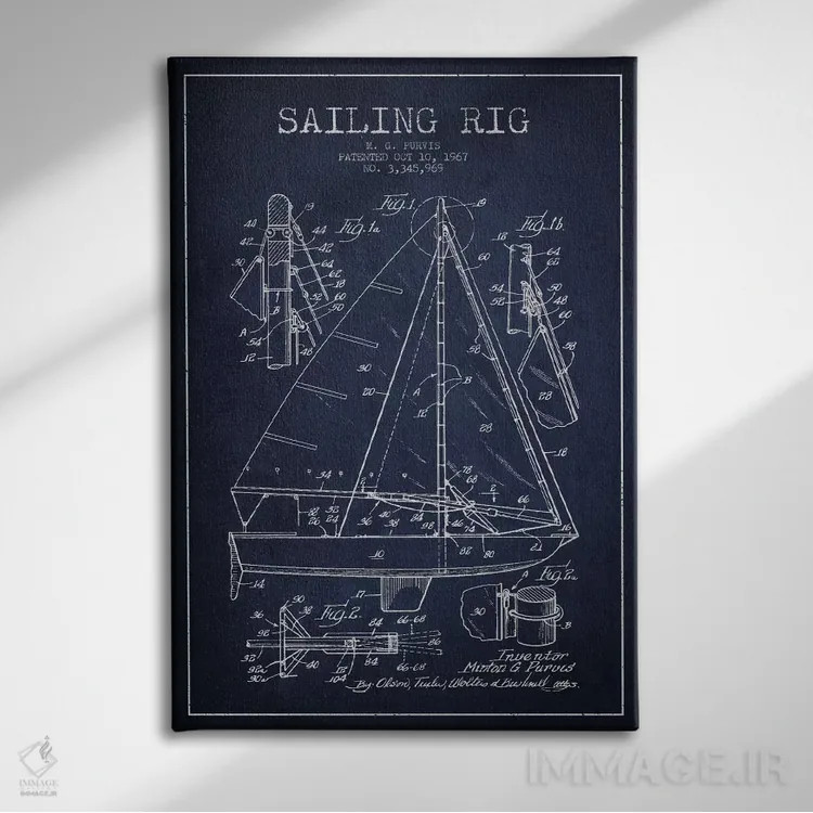 تابلو نقشهٔ ثبت اختراع قایق بادبانی (سرمهای) اثر پیکسل کهنه (استودیو/نام هنری) - نمای روبهرو روی دیوار