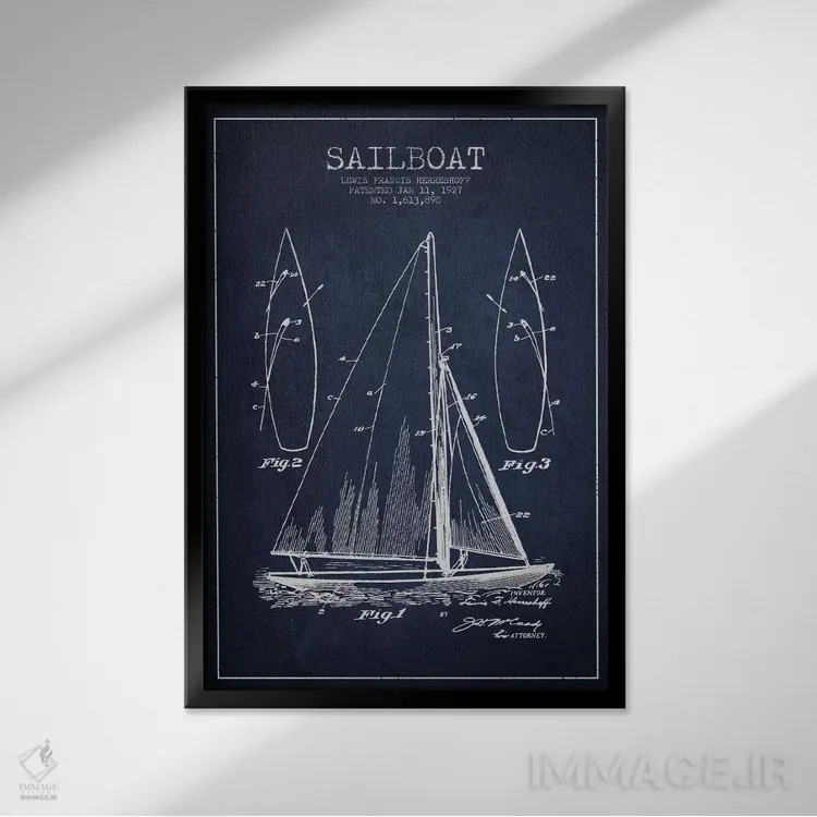 تابلو نقشهٔ ثبت اختراع قایق بادبانی (سرمهای) اثر پیکسل کهنه (استودیو/نام هنری) - نمای قابدار مشکی