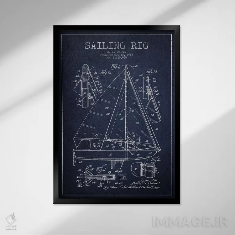 تابلو نقشهٔ ثبت اختراع قایق بادبانی (سرمهای) اثر پیکسل کهنه (استودیو/نام هنری) - نمای قابدار مشکی