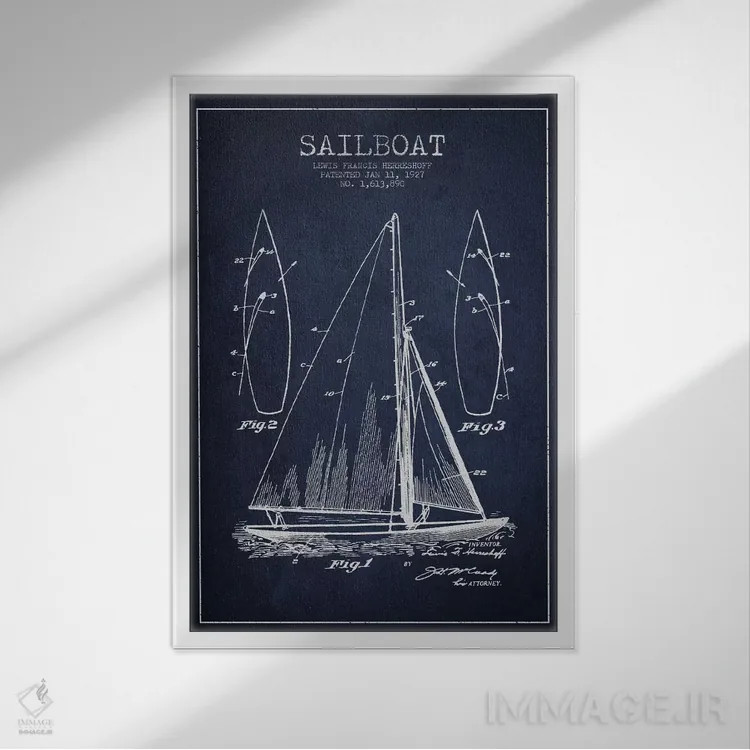 تابلو نقشهٔ ثبت اختراع قایق بادبانی (سرمهای) اثر پیکسل کهنه (استودیو/نام هنری) - نمای قابدار سفید