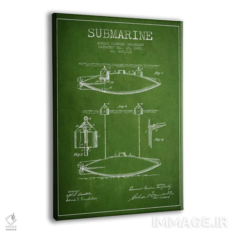 تابلو نقشهٔ ثبت اختراع زیردریایی (سبز) اثر پیکسل کهنه (استودیو/نام هنری) - نمای پرسپکتیو محصول