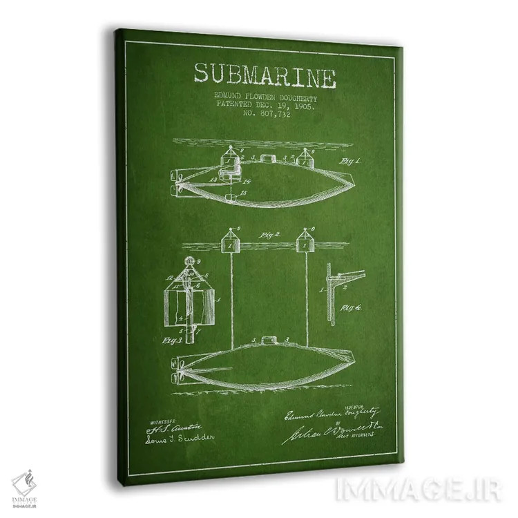 تابلو نقشهٔ ثبت اختراع زیردریایی (سبز) اثر پیکسل کهنه (استودیو/نام هنری) - نمای پرسپکتیو محصول