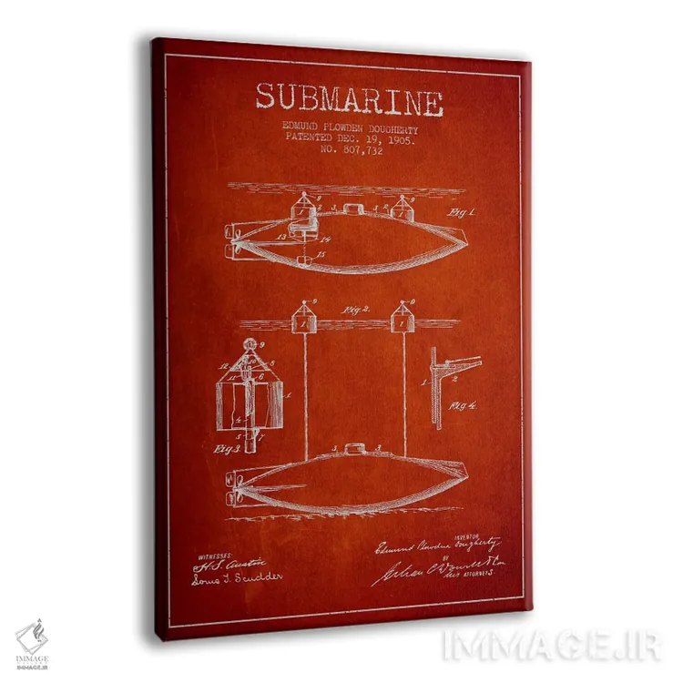 تابلو نقشهٔ ثبت اختراع زیردریایی (قرمز) اثر پیکسل کهنه (استودیو/نام هنری) - نمای پرسپکتیو محصول
