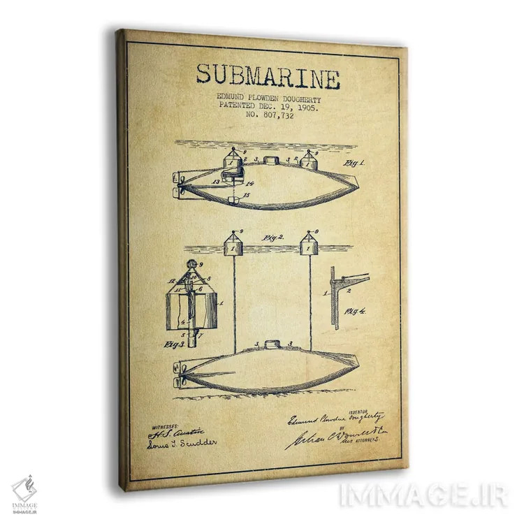 تابلو نقشهٔ ثبت اختراع زیردریایی (وینتیج/قدیمی) اثر پیکسل کهنه (استودیو/نام هنری) - نمای پرسپکتیو محصول