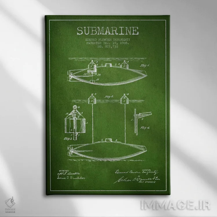 تابلو نقشهٔ ثبت اختراع زیردریایی (سبز) اثر پیکسل کهنه (استودیو/نام هنری) - نمای روبهرو روی دیوار