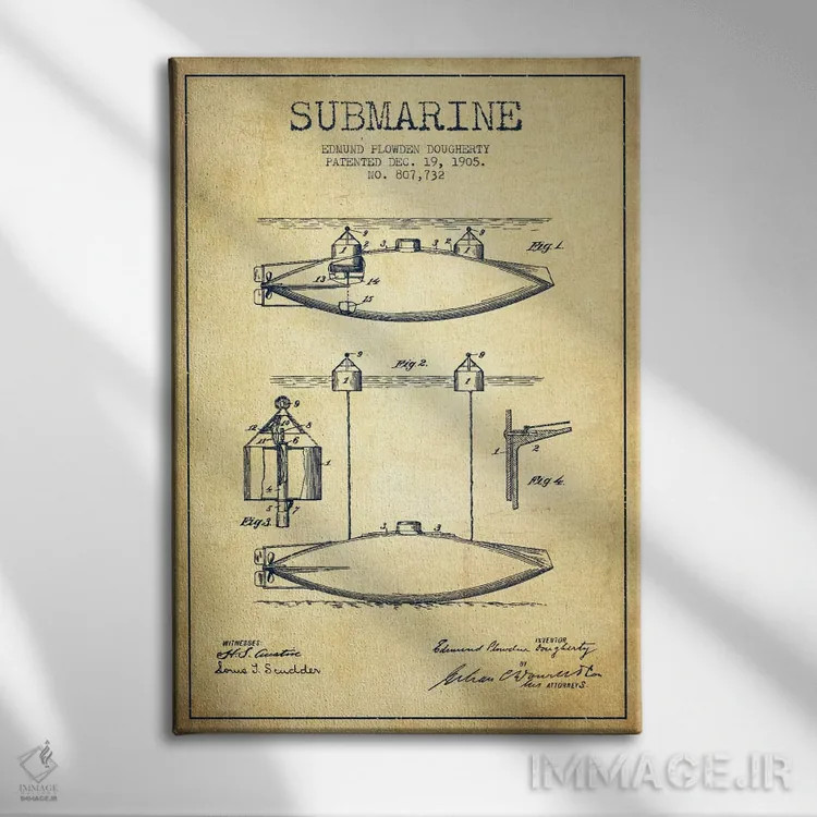 تابلو نقشهٔ ثبت اختراع زیردریایی (وینتیج/قدیمی) اثر پیکسل کهنه (استودیو/نام هنری) - نمای روبهرو روی دیوار