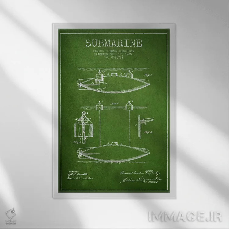 تابلو نقشهٔ ثبت اختراع زیردریایی (سبز) اثر پیکسل کهنه (استودیو/نام هنری) - نمای قابدار سفید