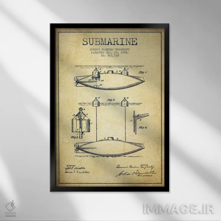 تابلو نقشهٔ ثبت اختراع زیردریایی (وینتیج/قدیمی) اثر پیکسل کهنه (استودیو/نام هنری) - نمای قابدار مشکی