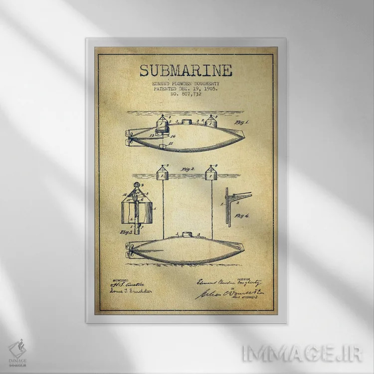تابلو نقشهٔ ثبت اختراع زیردریایی (وینتیج/قدیمی) اثر پیکسل کهنه (استودیو/نام هنری) - نمای قابدار سفید