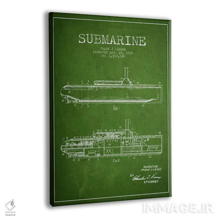 تابلو نقشهٔ ثبت اختراع زیردریایی (سبز) اثر پیکسل کهنه (استودیو/نام هنری) - نمای پرسپکتیو محصول