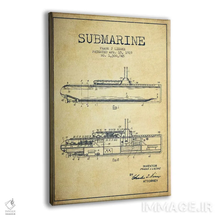 تابلو نقشهٔ ثبت اختراع زیردریایی (وینتیج/قدیمی) اثر پیکسل کهنه (استودیو/نام هنری) - نمای پرسپکتیو محصول