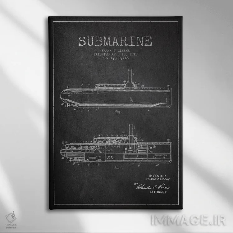 تابلو نقشهٔ ثبت اختراع زیردریایی (زغالی) اثر پیکسل کهنه (استودیو/نام هنری) - نمای روبهرو روی دیوار