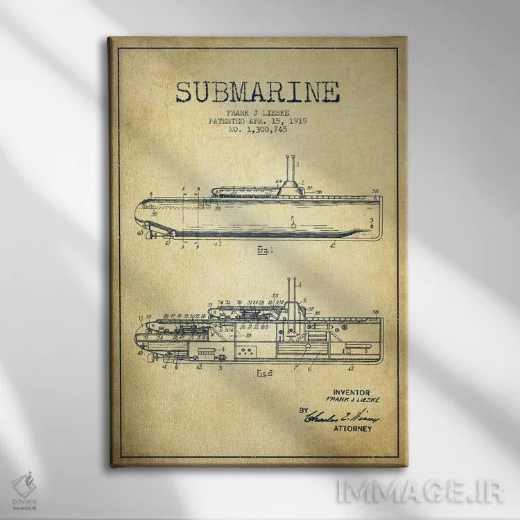 تابلو نقشهٔ ثبت اختراع زیردریایی (وینتیج/قدیمی) اثر پیکسل کهنه (استودیو/نام هنری) - نمای روبهرو روی دیوار