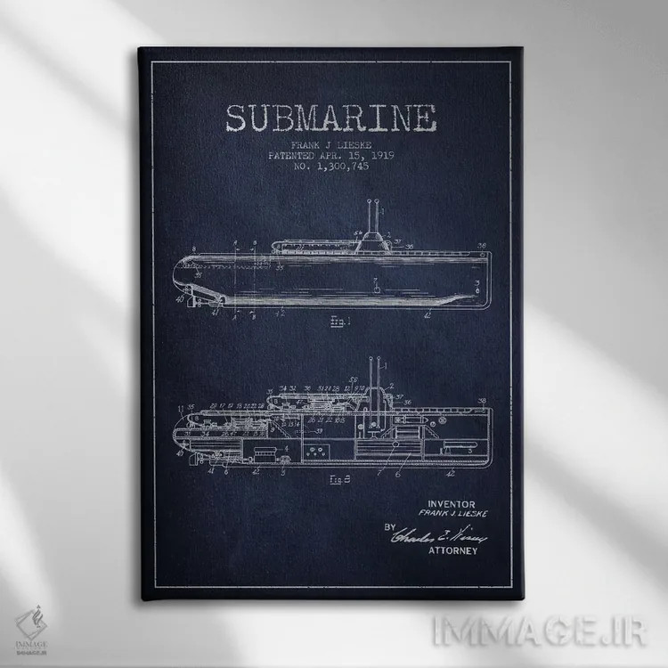 تابلو نقشهٔ ثبت اختراع زیردریایی (سرمهای) اثر پیکسل کهنه (استودیو/نام هنری) - نمای روبهرو روی دیوار