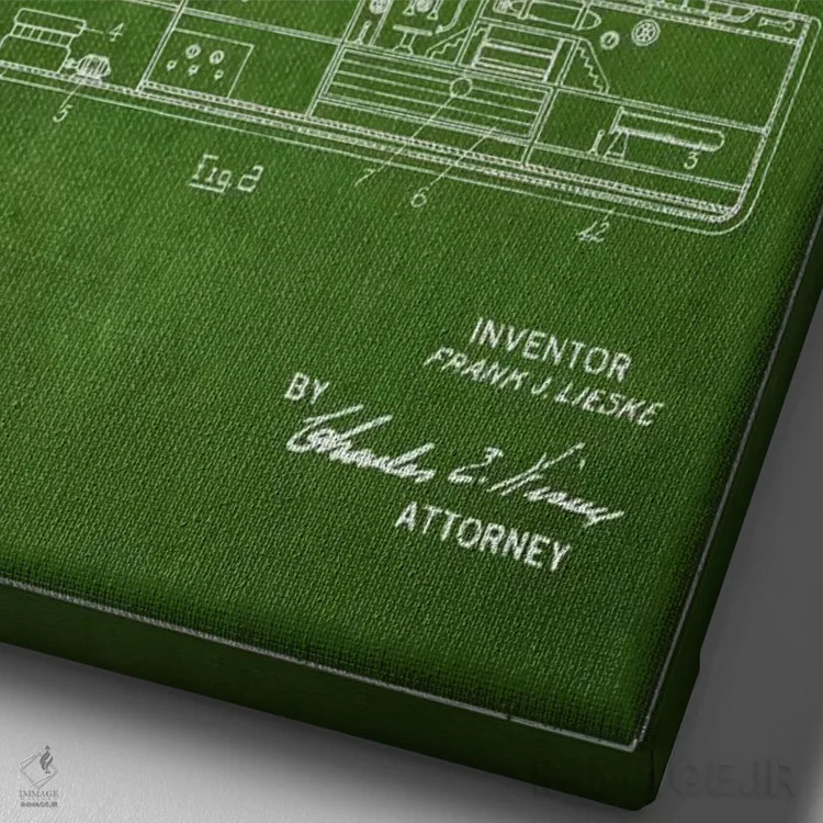 تابلو نقشهٔ ثبت اختراع زیردریایی (سبز) اثر پیکسل کهنه (استودیو/نام هنری) - نمای نزدیک بافت بوم