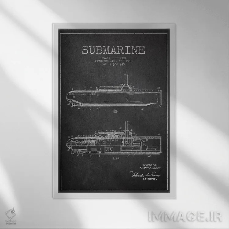 تابلو نقشهٔ ثبت اختراع زیردریایی (زغالی) اثر پیکسل کهنه (استودیو/نام هنری) - نمای قابدار سفید