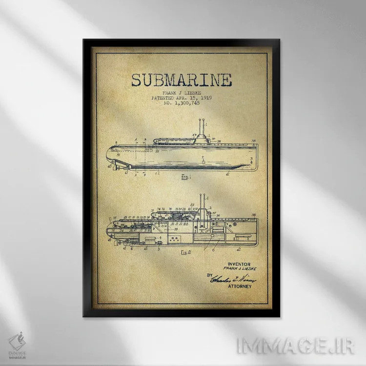 تابلو نقشهٔ ثبت اختراع زیردریایی (وینتیج/قدیمی) اثر پیکسل کهنه (استودیو/نام هنری) - نمای قابدار مشکی